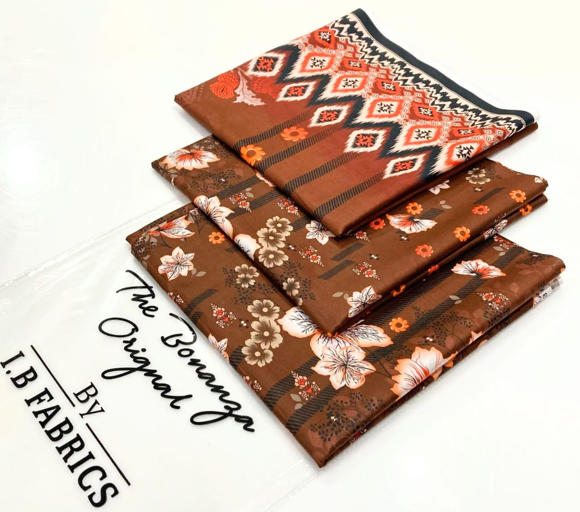 Bonanza Lawn Brown & Multi-Print Digital Print 3-Piece Unstitched Suit