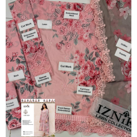 Iznik DAHLYA D9 - A Perfect Blend of Luxury and Elegance Pink Floral Embroidered Lawn Suit