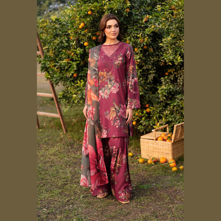 IZNIK Burgundy Floral Lawn Suit 3Piece Summer Eid Collection 2025 with Zari Digital Print & Voile Dupatta