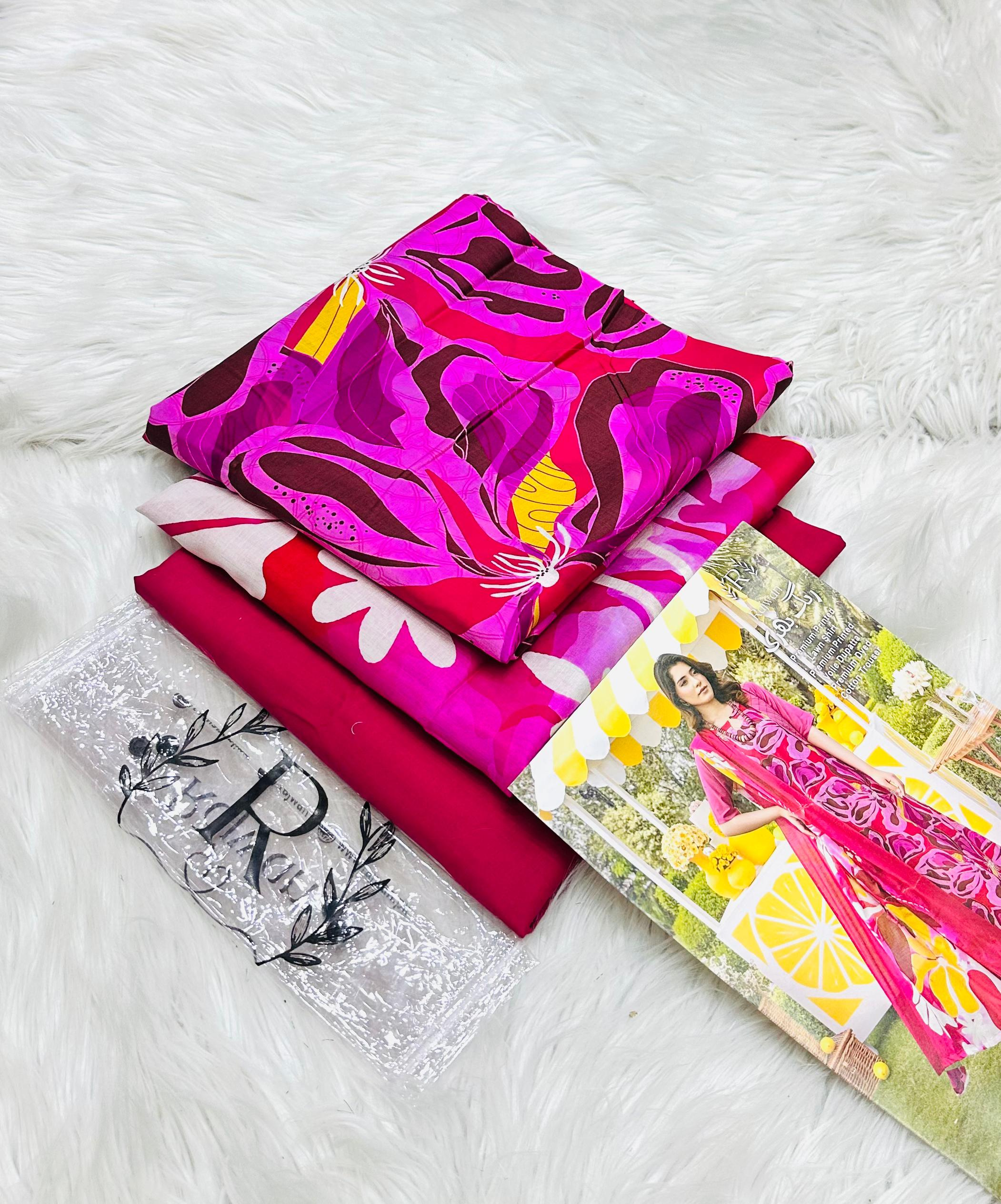 Gulljee Doria Magenta & Plum Abstract Printed Lawn Suit - 3 Piece Unstitched