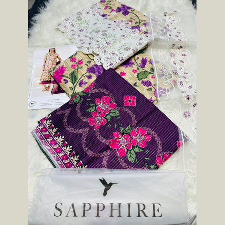 Dark Purple and White Sapphire 3pc Unstitched Lawn Suit – Summer Collection Vol.1 Featuring Full Chickenkari Embroidery, Cut-Work Dupatta & Printed Trouser