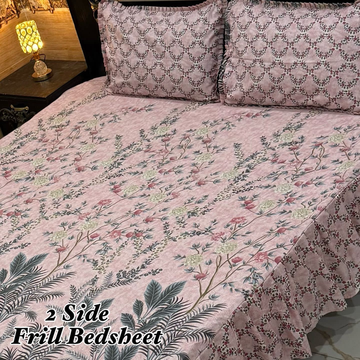 Pink Floral & Botanical Jacquard 2-Side Frill Bedsheet