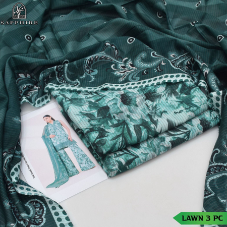 DARK GREEN SAPPHIRE 3Piece Summer Eid Collection Zari Effect Lawn Suit with Voile Dupatta & Printed Trouser