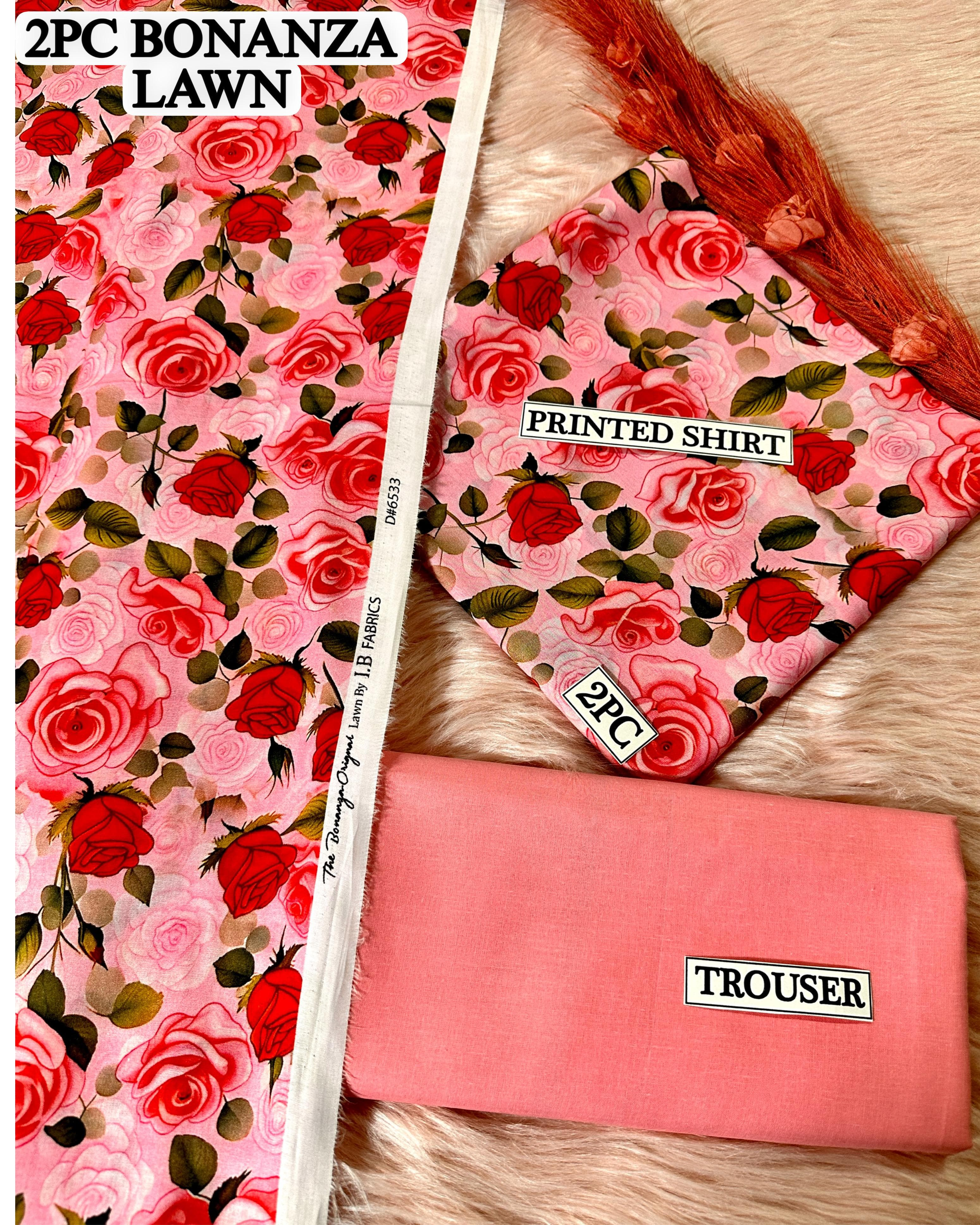 Floral Lawn Suit for Women BONANZA 2Piece Unstitched Pink Rose Print