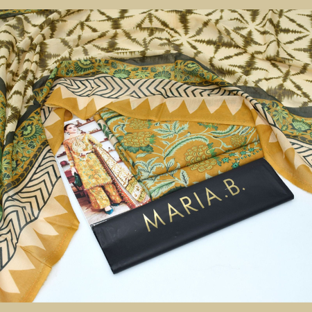 Elegant MARIA.B Digital Print Lawn Suit – 3PC Summer Set with Soft Lawn Shirt, Printed Trouser & Voil Dupatta.