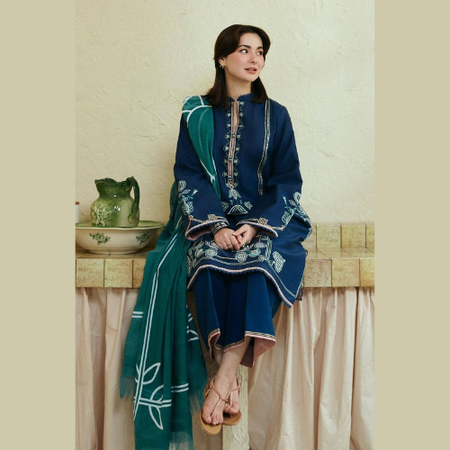 Navy Blue 3Piece Lawn Eid Suit Summer Collection 2025 by IZNIK Zari Effect Digital Print with Voile Dupatta