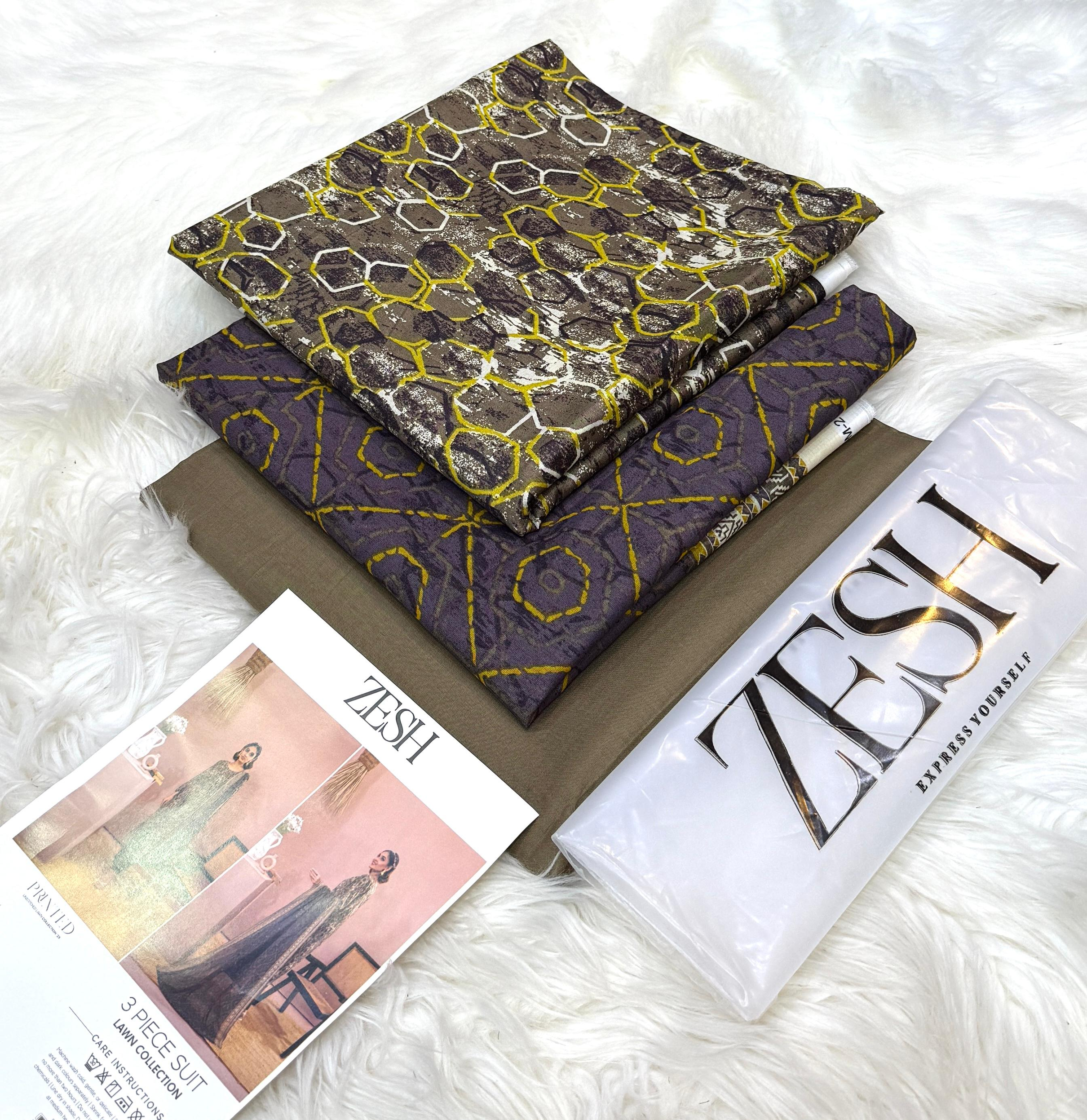 Zesh Brown, Olive & Yellow Geometric Digital Print Lawn Suit - Unstitched 3-Piece