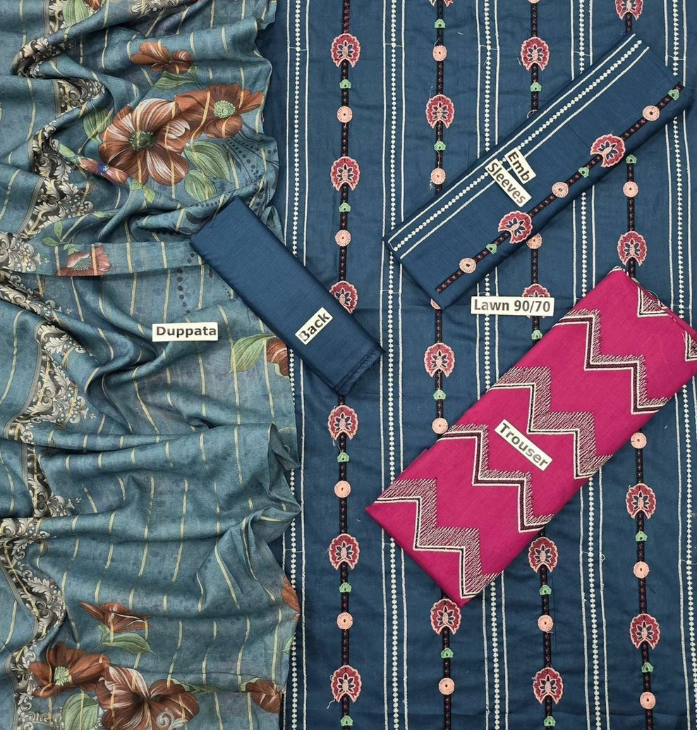 Teal Green Embroidered Lawn Suit with Chevron Patterned Trousers and Printed Dupatta