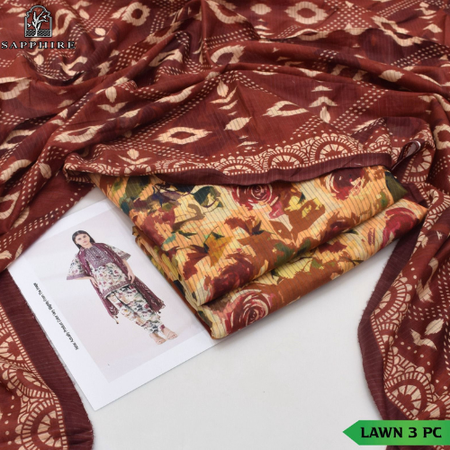 BROWN SAPPHIRE 3Piece Summer Eid Collection Zari Effect Lawn Suit with Voile Dupatta & Printed Trouser