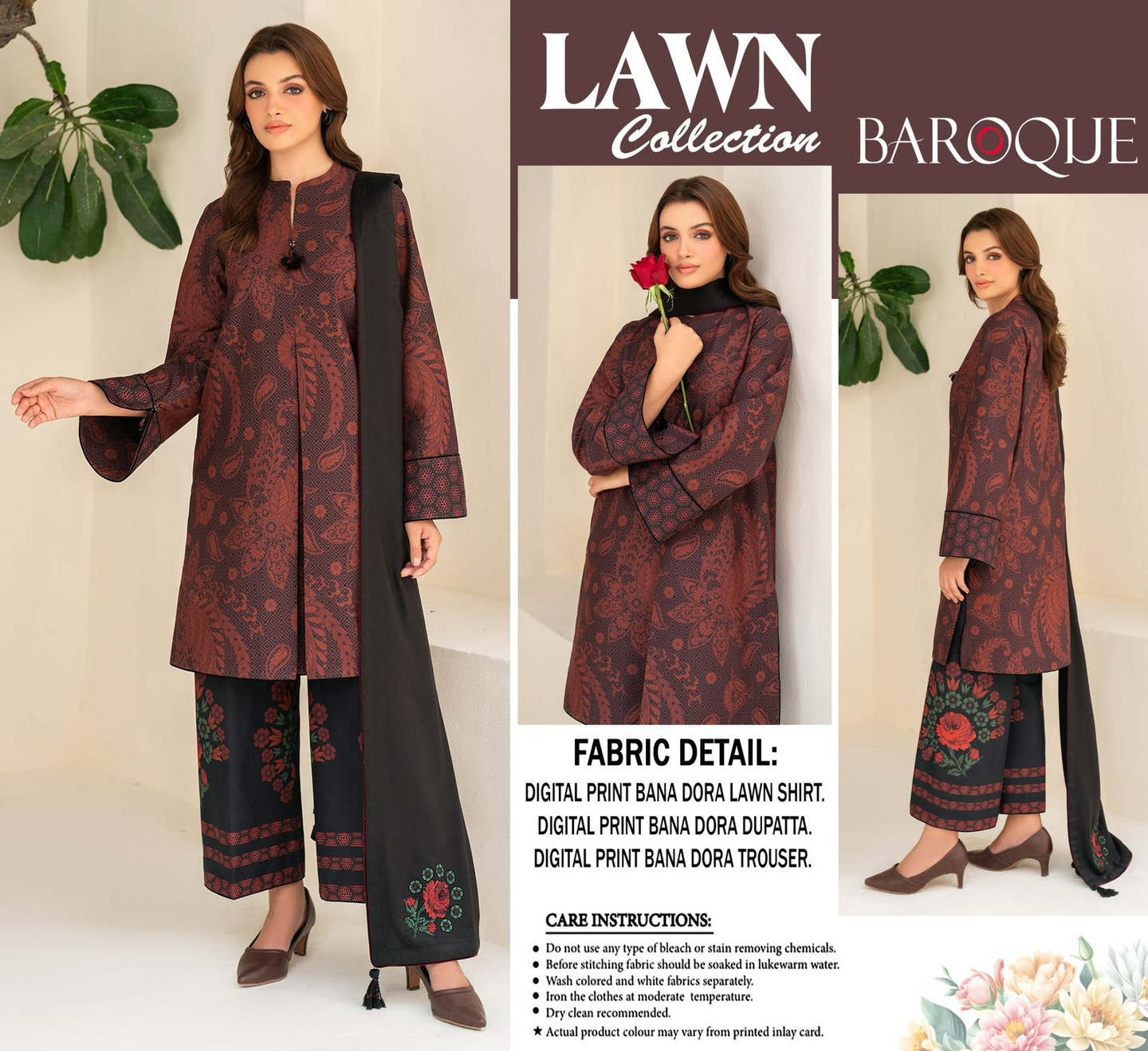 BAROQUE 3PC Summer Casual Collection Premium Lawn Bana Dora 90/88 Digital Printed Elegance