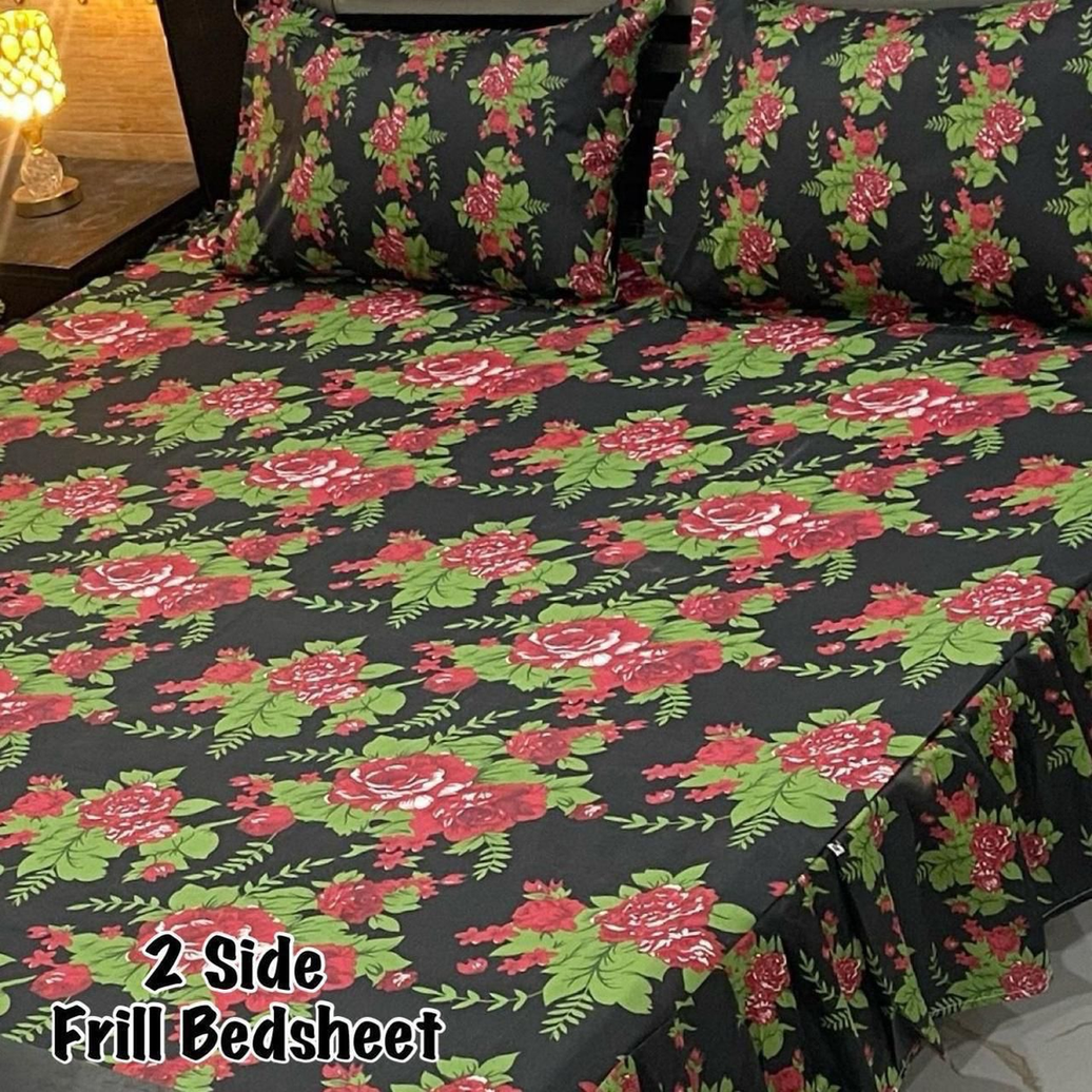 2 Side Frill Bedsheet - Floral Green & Red Roses on Black