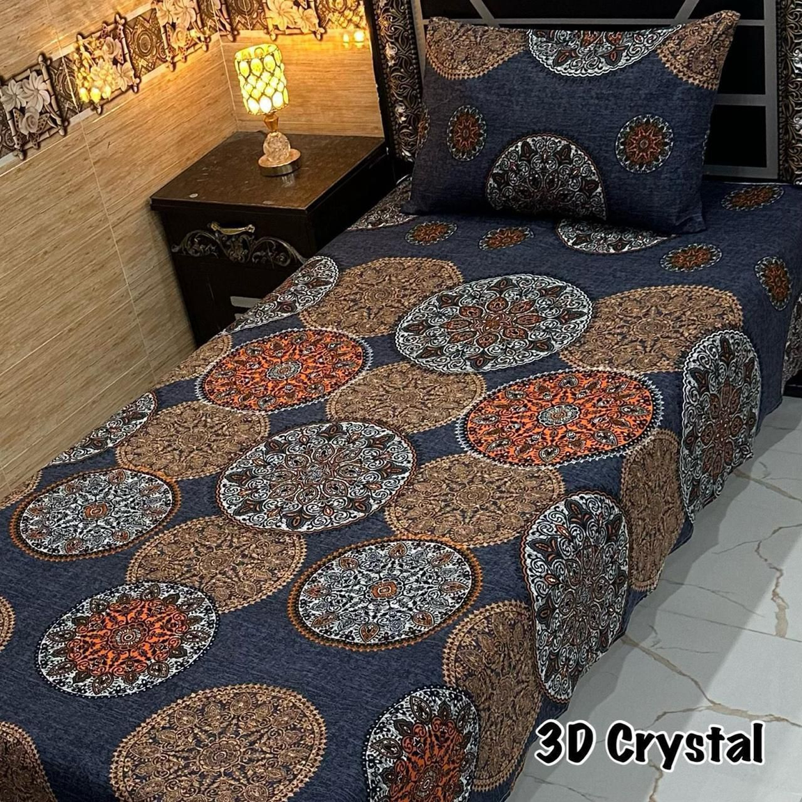 4Pc 3D Crystal Cotton Single Pair Bedsheets – Elegant Navy Blue with Geometric Mandala Design