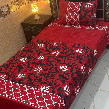 Luxurious 4Pc Crystal Cotton Single Bed Sheet Set – Red & Black Leaf Design, Soft & Durable