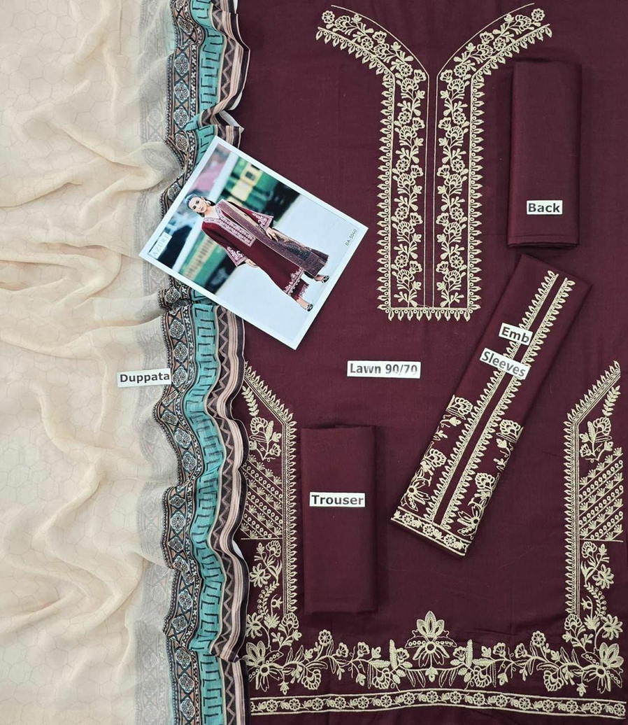 Maroon Embroidered Lawn 3-Piece Suit with Cream Printed Chiffon Dupatta