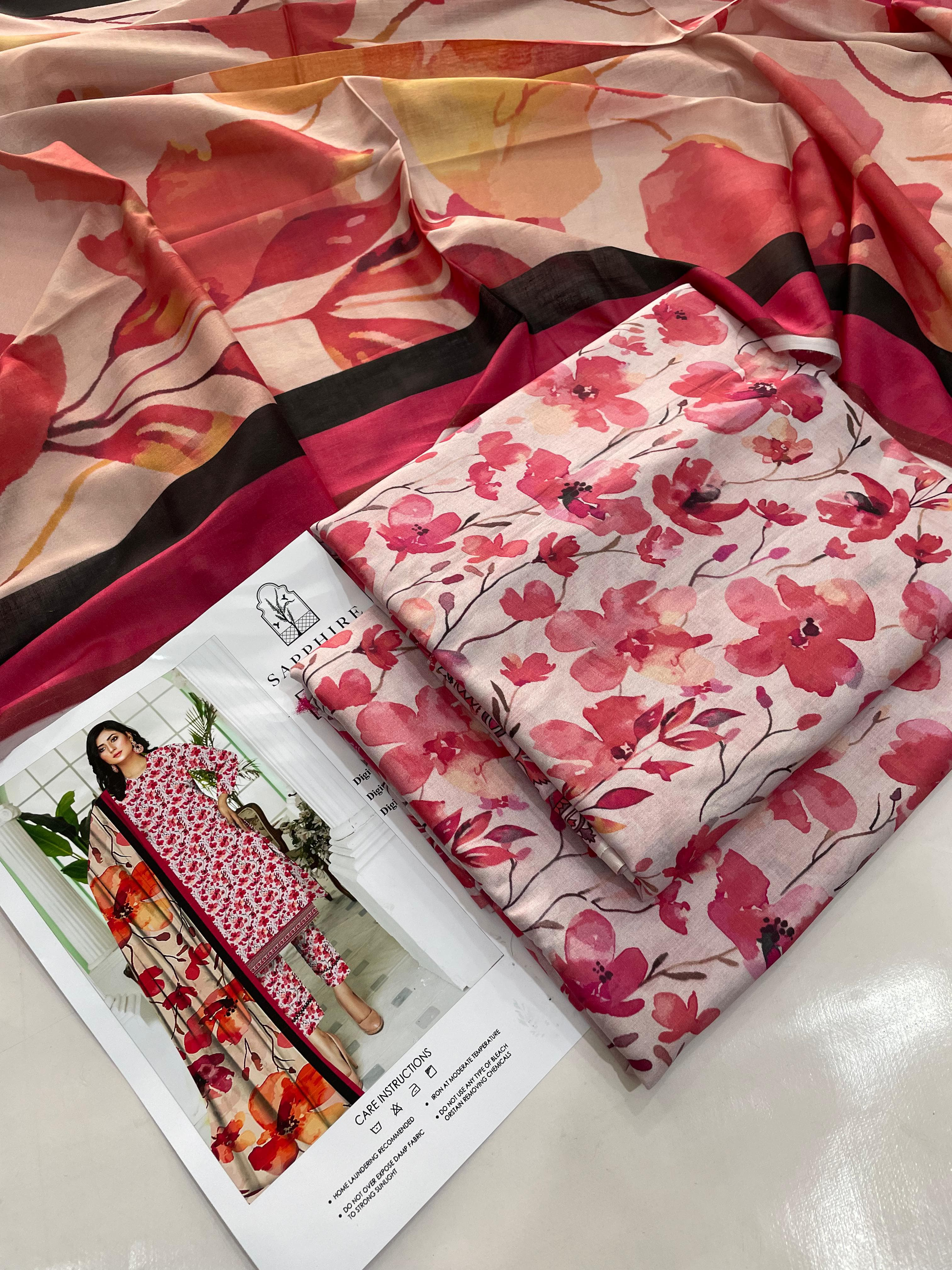 Sapphire Vibrant Fuchsia & Red Floral Digital Print Lawn Suit | Unstitched 3-Piece Pakistani Summer Collection for Women
