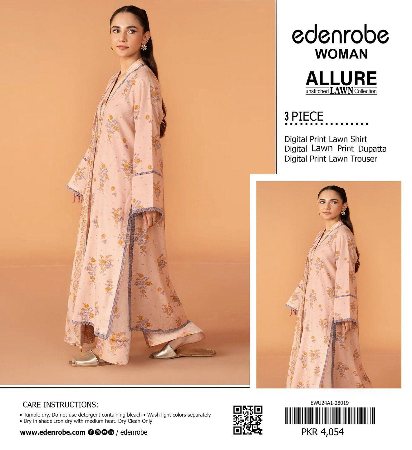 Edenrobe Woman Allure Unstitched Lawn Collection: Digital Print 3-Piece Suit in Peach Floral