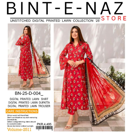Red Digital Printed Lawn Suit | Bint e Naz Airjet Lawn 3Piece Unstitched Collection with Dupatta & Catalog