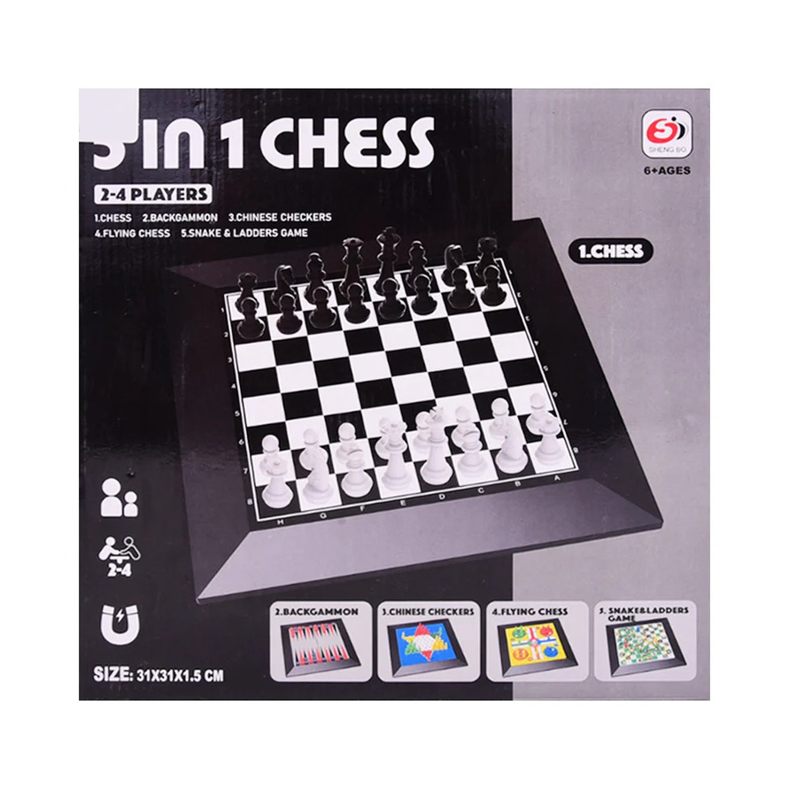5-in-1 Chess & Board Games Set: Multi-Game Collection for 2-4 Players