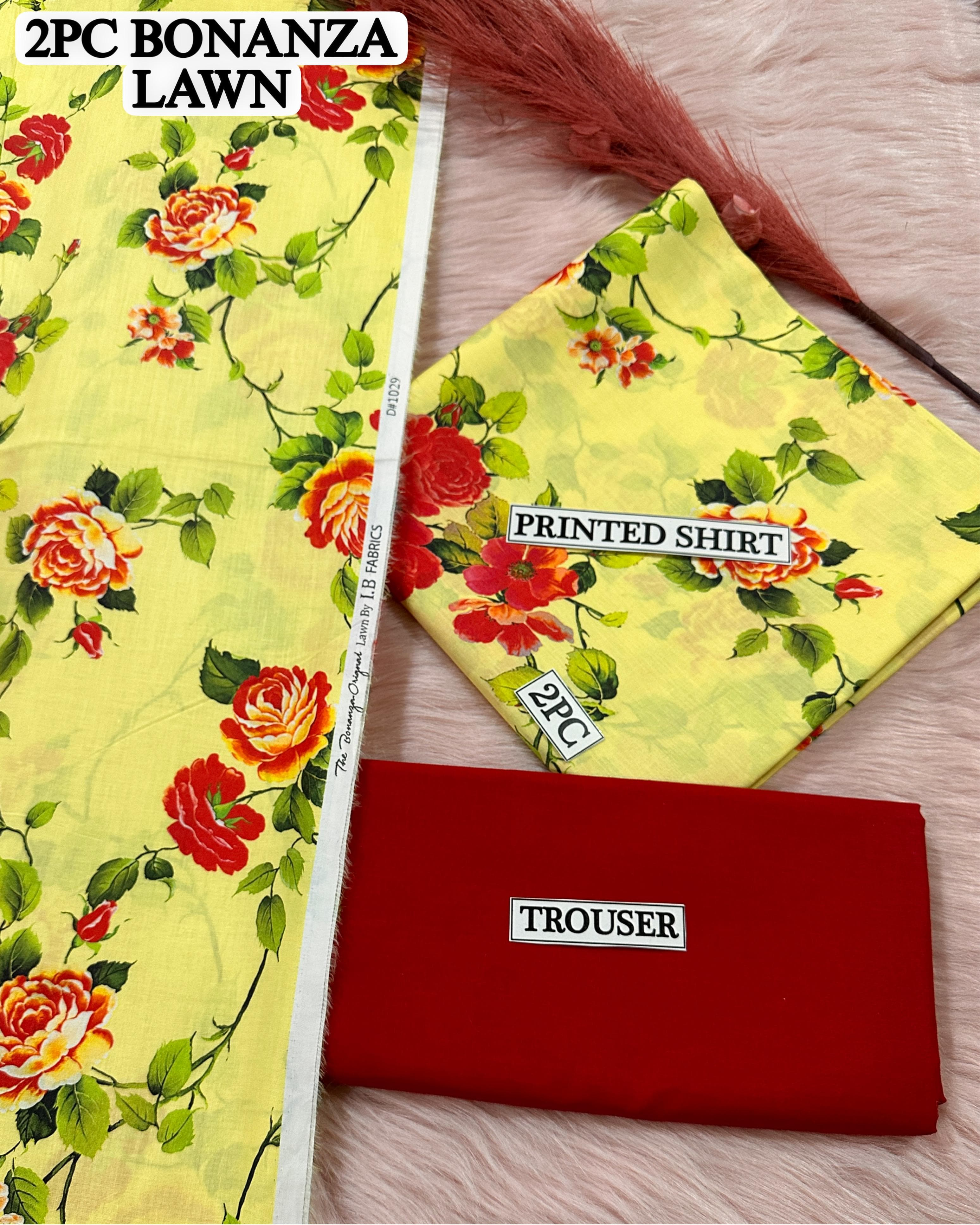 Yellow Lawn Suit with Red & Orange Floral Print BONANZA Premium 2Piece Unstitched for Women