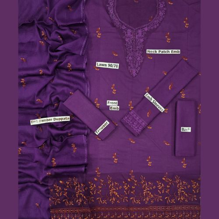 Mix Brand 3PC Embroidered Lawn Suit – Code 001 with Voil Dupatta