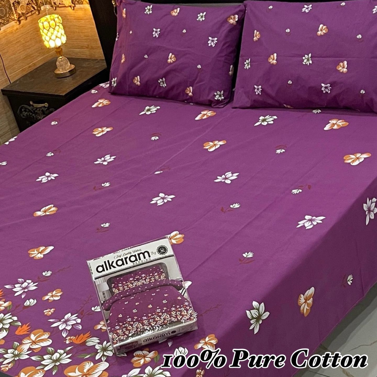 Ethnic Elegance: Alkaram 100% Pure Cotton Bedsheet Set with Besutiful Floral Patchwork Print-00117