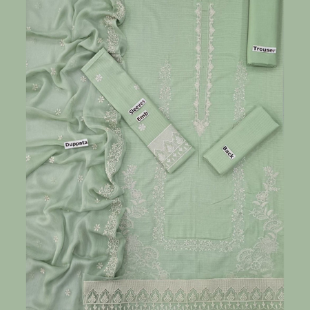 Zarqash Luxury 3Pc Banadora Lawn Embroidered Suit – Full Front & Sleeve Embroidery with Daman Patch & Bamber Dupatta – Unstitched Designer Summer Collection 2025.