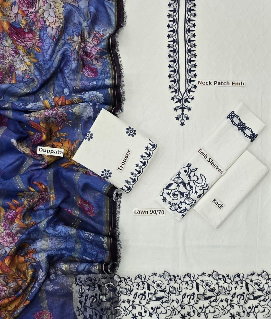 Shraddha Designer Noor Vol 2 - White Embroidered Lawn Suit with Floral Printed Dupatta