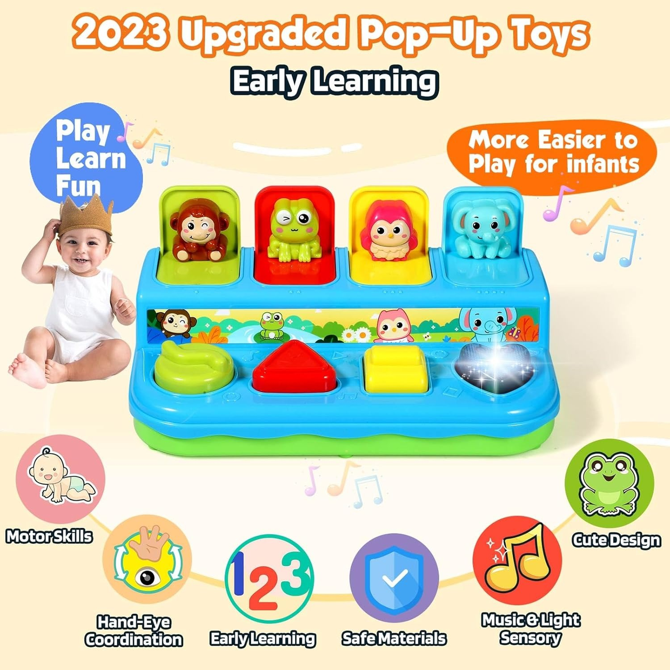 Interactive Pop-Up Animals Early Learning Activity Toy - Develops Motor Skills & Cause-and-Effect for 18 Months+