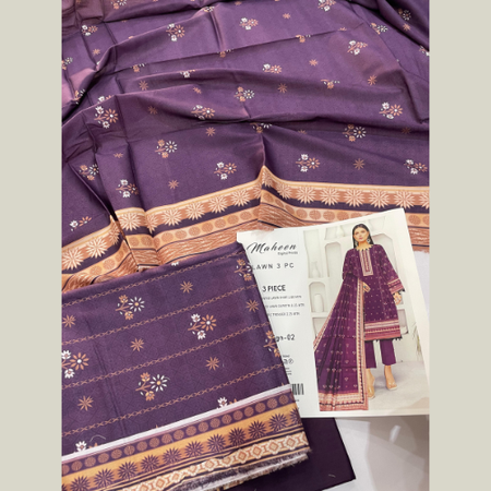 Purple Digital Printed Lawn 3pc Unstitched Suit – Maheen Prints Summer Collection with Cambric Dyed Trouser and Lawn Dupatta