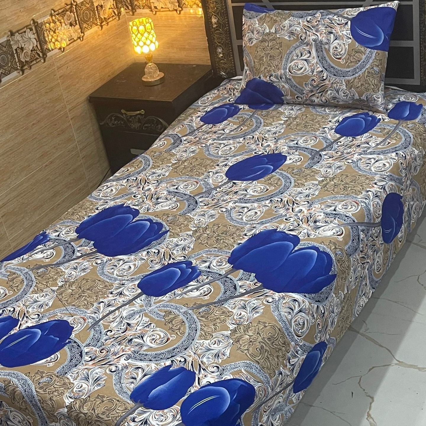 4Pc Crystal Cotton Single Pair Bedsheets – Blue & Beige Floral Design