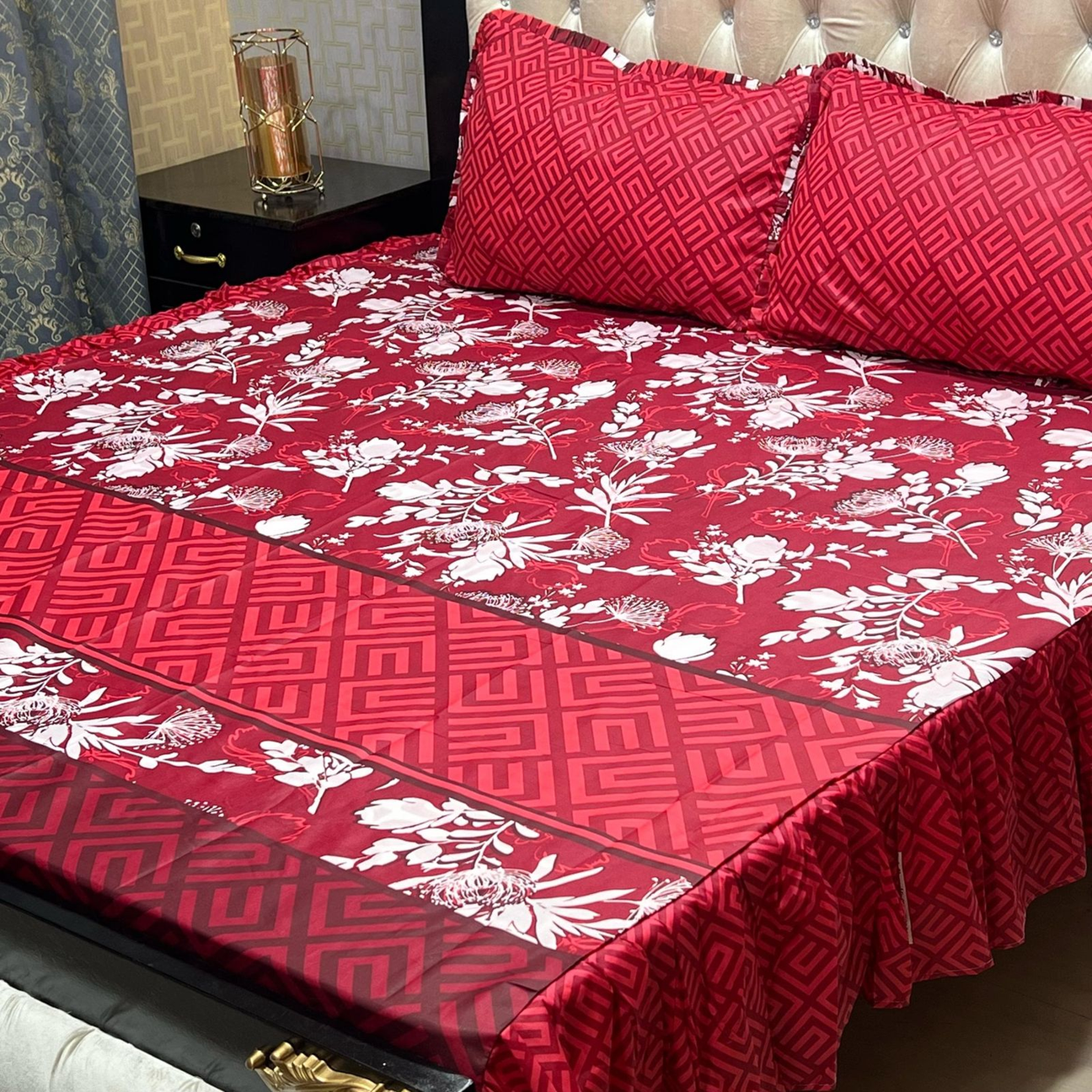 Red Floral & Geometric Print Frill King Size Bed Sheet Set