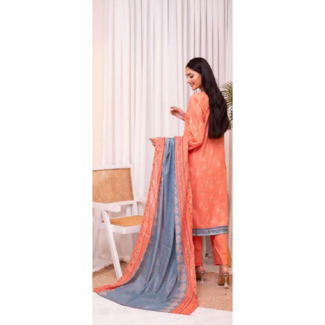 Edenrobe Allure Summer Collection – Soft Peach & Light Blue Floral Print Fabric With Light Blue Printed Dupatta 3-Piece Suit for Women-1007
