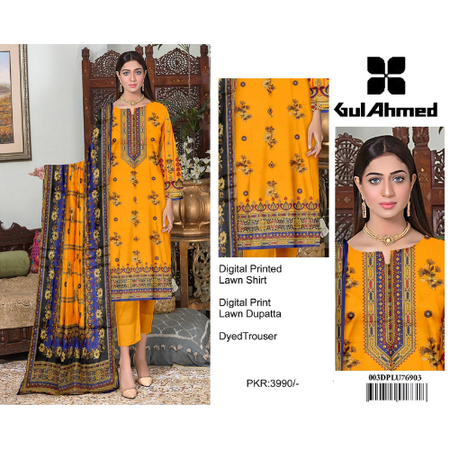 Gul Ahmed Airjet Lawn Printed 3Piece Suit Volume Collection with Dupatta & Dyed Trouser Premium 90/70 Fabric