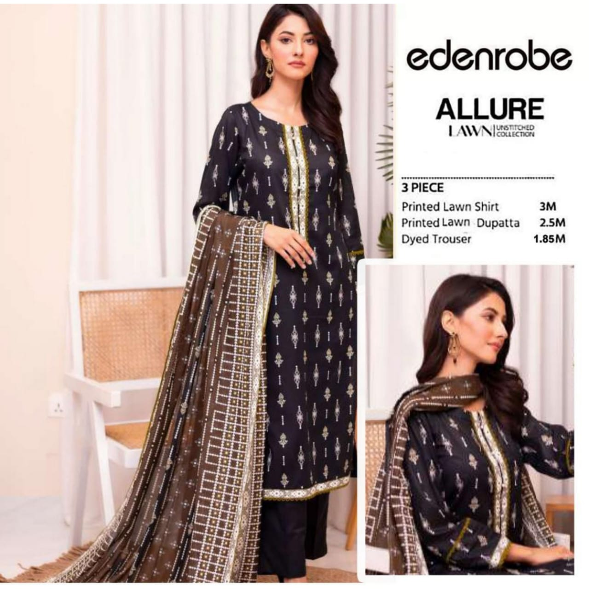 Edenrobe Allure Summer Collection – Black & Gold Print Fabric 3-Piece Suit with Dark Brown Printed Dupatta-1009