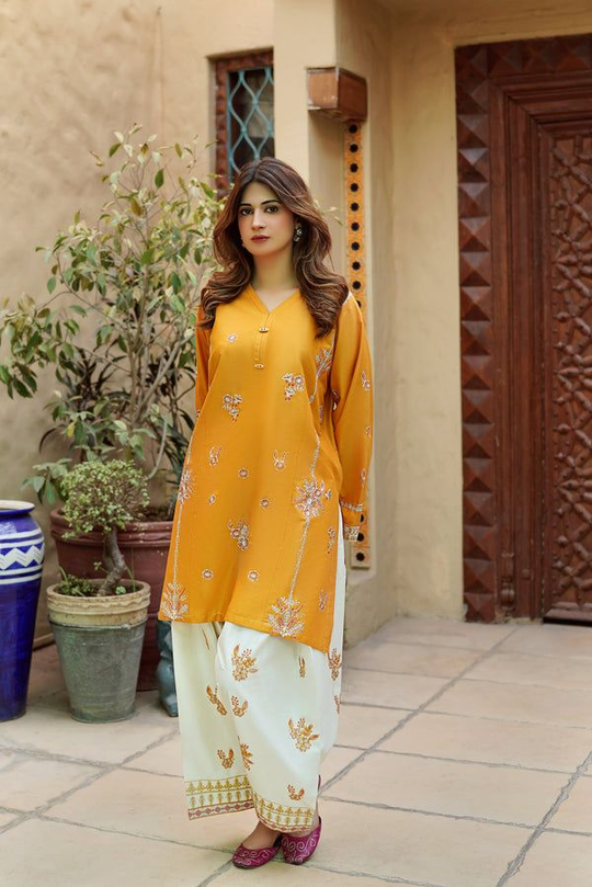 Batik Urge 2-Piece Wedding Summer Collection Premium Lawn Embroidered Suit ORANGE &WHITE