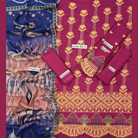 Mix Brands 3-Piece Embroidered Lawn Suit | Diamond Digital Dupatta | Premium Quality