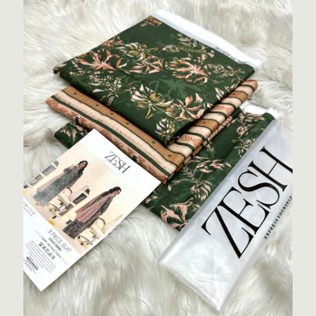 ZESH Lawn Vol Coco 3 Piece Unstitched Suit – Original Stock with Printed Shirt, Dupatta & Trouser