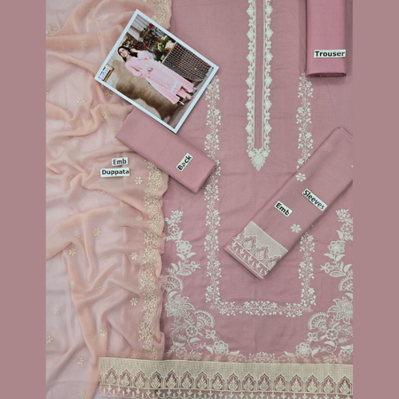 Zarqash 3Pc Premium Banadora Lawn Embroidered Unstitched Suit – 100x100 Fabric – Full Front & Sleeve Embroidery with Daman Patch & Bamber Dupatta – Elegant Summer Wear.