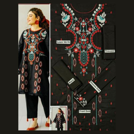 MIX 2-Piece Embroidered Lawn Suit – Code BA | Front & Sleeves Embroidery with Dyed Trouser + Patch | Summer Collection