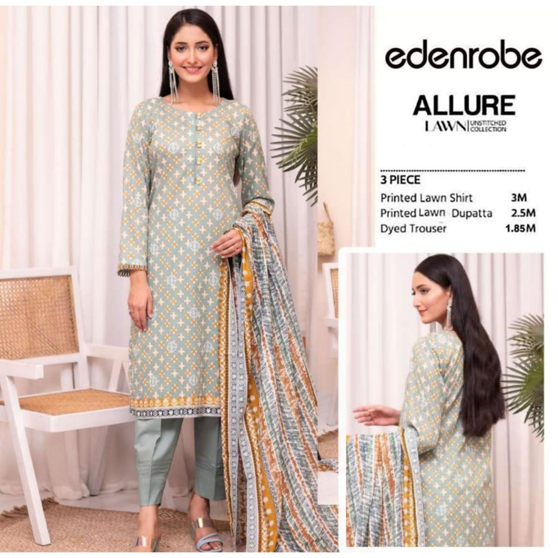Edenrobe Allure Summer Collection – Soft Mint Green with Geometric & Floral Print fabric with Border design Dupatta 3-Piece Suit for Women-1005