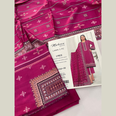 Fuchsia Pink Digital Printed Lawn 3pc Unstitched Suit – Maheen Prints Summer Collection with Cambric Dyed Trouser and Lawn Dupatta