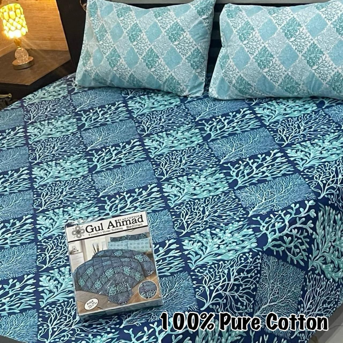 Coral Reef Print Bed Sheet Set – Blue & Aqua Design | 100% Pure Cotton Bedding by Gul Ahmed-026