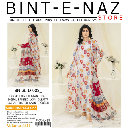 Bint e Naz Digital Printed Lawn Suit Premium Airjet Lawn 3Piece Unstitched Collection