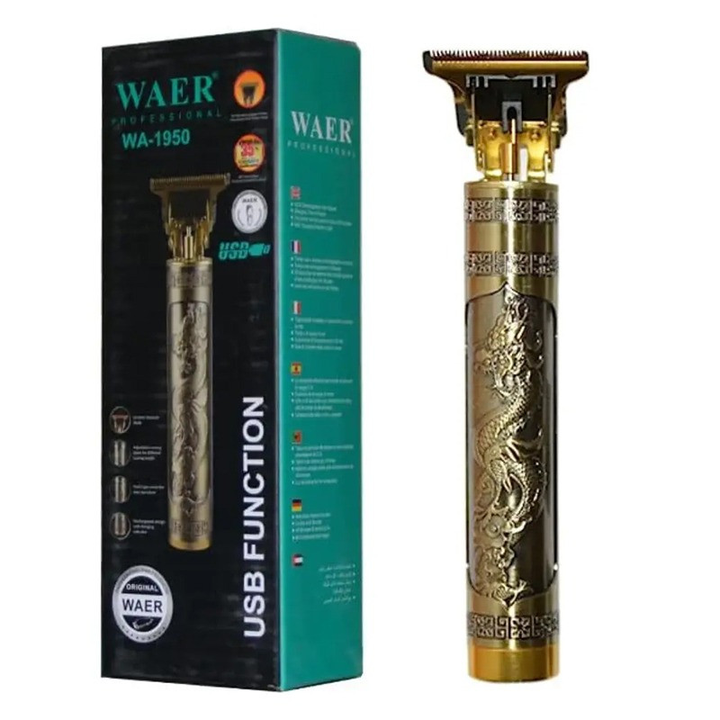 WAER Professional Hair Clipper WA-1950 | Vintage Gold Engraved Cordless USB Trimmer | Precision Grooming with Efficient USB Function