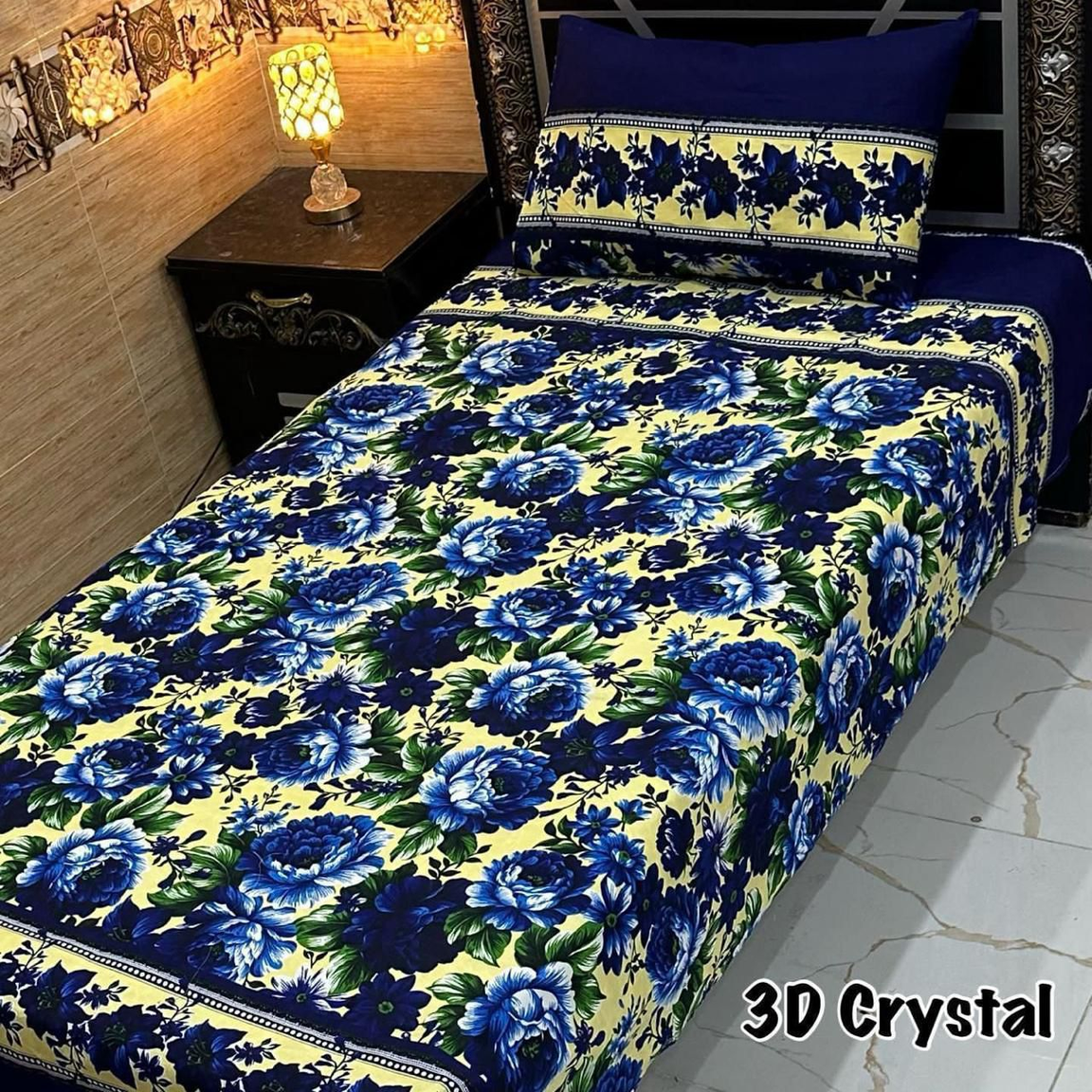 Premium Quality 4-Piece Blue Floral Crystal Cotton Bedsheet Set