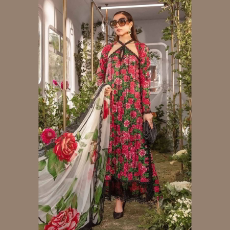 Maria B MPrint Lawn 3PC Unstitched Suit – Heavy Spengle & Schiffli Embroidered Front with Printed Back, Sleeves, Cambric Trouser & Chiffon Dupatta | Hit Design MBL-MPT-2106/B-24.