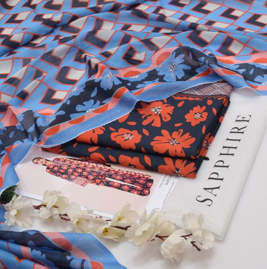 Sapphire Digital Printed Lawn Suit - (Navy Blue with Orange Florals & Geometric Dupatta)