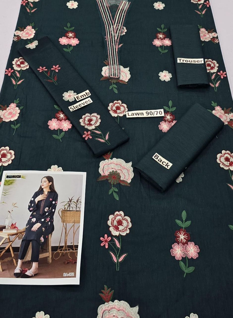 3-Piece Lawn 90/70 Embroidered Suit - Deep Green with Multi-color Floral Embroidery (BA-32)