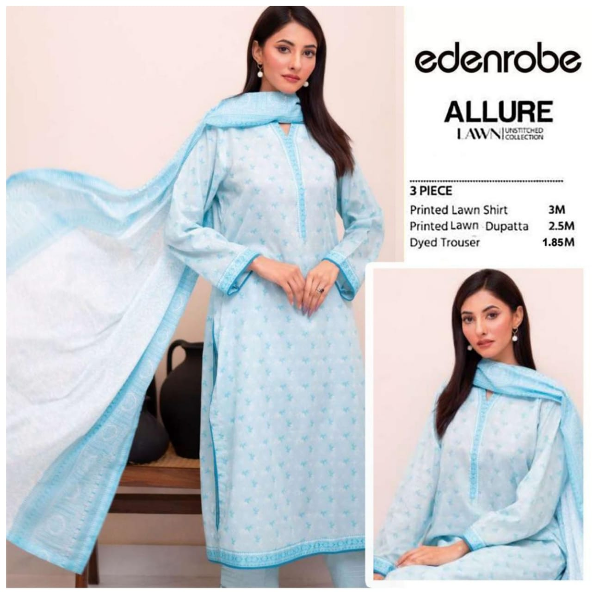 Edenrobe Allure Collection 3-Piece Suit – Soothing Blue Elegance Print Fabric with matching printed Dupatta -1016