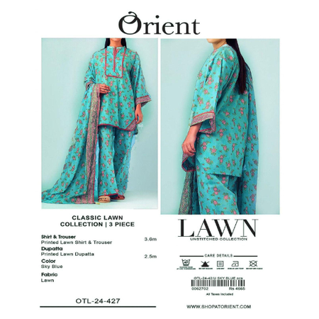 Sky Blue Digital Printed Lawn 3Piece Suit by ORIENT Hit Volume of Summer 2025 Airjet Lawn Fabric